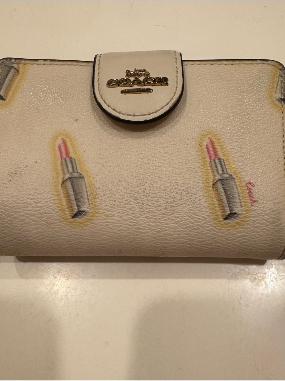 Coach Cream Leather Wallet with Lipstick Motif